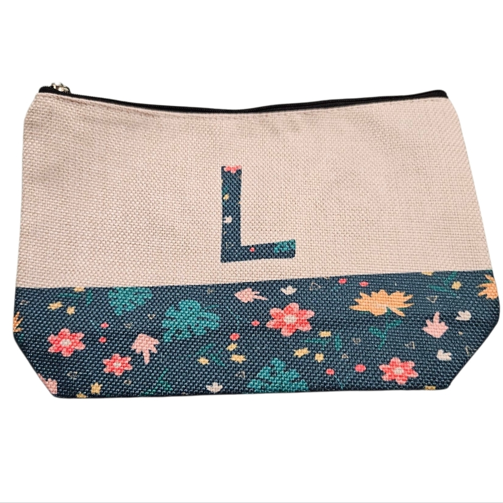Floral Canvas Zip Pouch with Blue “L” Monogram